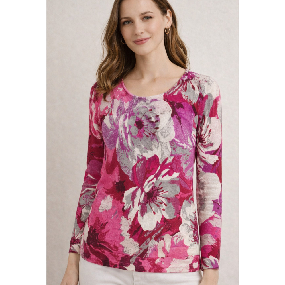 Talbots Women's Small 100% Merino Wool Sweater Pink Gray Floral Lightweight Knit